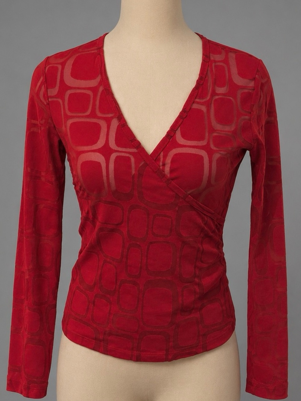 New York & Company Red Sheer Ruched Wrap Long Sleeve Top XS